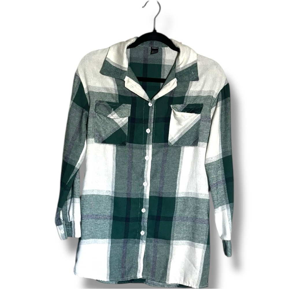 Shein Plaid Flannel Green and White Button-Up Womens Long Sleeve Shirt - Picture 10 of 15